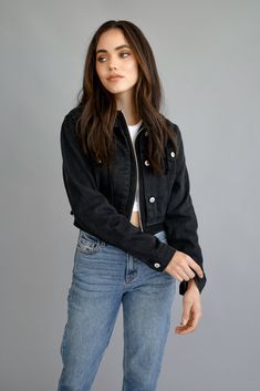 A black denim jacket featuring a hood, button & zip front, long sleeves, collar, frayed hem, and pockets Hooded Dark Wash Outerwear For Spring, Edgy Dark Wash Outerwear For Spring, Fall Denim Jacket With Zipper Closure, Urban Denim Jacket With Zipper For Fall, Edgy Denim Outerwear With Frayed Hem, Long Sleeve Outerwear With Frayed Hem For Streetwear, Spring Everyday Outerwear With Frayed Hem, Black Denim Jacket With Zipper For Spring, Spring Black Denim Jacket With Zipper Closure