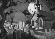 a black and white image of a cemetery at night