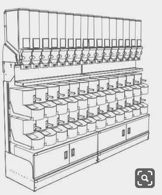 a drawing of a shelf with many cups on it and two rows of mugs in the middle