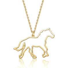 a gold necklace with a horse on it's side and a chain hanging from the front