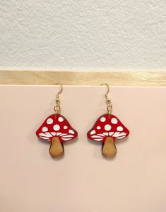 Unique Mushroom Design Earrings For Gift, Unique Mushroom Design Earrings As Gift, Red Mushroom Design Jewelry Gift, Whimsical Red Hand Painted Jewelry, Red Mushroom Design Earrings Gift, Wooden Earrings Laser Cut, Glo Forge, Wooden Earrings Handmade, Laser Earrings