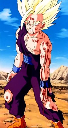 gohan from dragon ball super saiyans in the middle of his body, with one hand on his hip