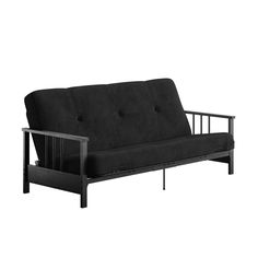 a black futon sofa bed with metal frame