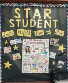 a bulletin board with pictures and writing on it that says star student shine bright like stars