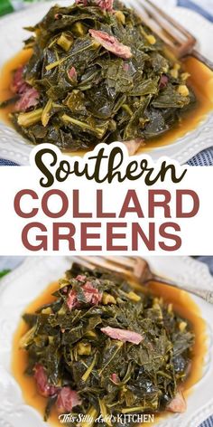 two plates filled with collard greens on top of each other