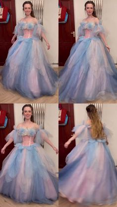 four different pictures of a woman in a blue and pink dress with long hair wearing a tiara