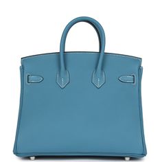 This Birkin is in Blue Jean togo leather with palladium hardware and has contrast stitching, a front flap, two straps with center toggle closure, clochette with lock and two keys, and double rolled handles.The interior is lined with Blue Jean chevre, has one zip pocket with an Hermes engraved zipper pull and an open pocket on the opposite side.Collection: BOrigin: FranceCondition: New and never worn (plastic on hardware)Accompanied by: Hermes box, Hermes dustbag, clochette, clochette dustbag, lock, keys, felt, carebookMeasurements: 10" width x 7.5" height x 4.75" depth; 2.75" handle drop Blue Travel Bag With Turn-lock Closure, Blue Leather Bag With Turn-lock Closure, Classic Blue Bags With Metal Hardware, Luxury Blue Bag With Metal Hardware, Luxury Blue Bags With Metal Hardware, Hermes Birkin 25, Hermes Box, Togo Leather, Birkin 25