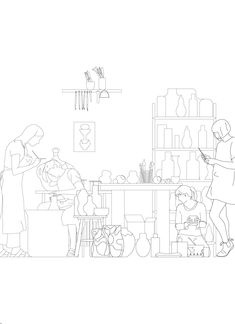 a line drawing of two people standing in front of a table