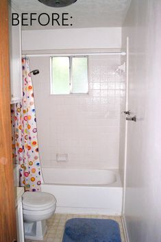 before and after shot of a white bathroom with blue rugs on the shower floor