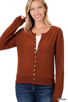 CREW NECK SNAP BUTTON SOFT SWEATER CARDIGAN-SOFT SWEATER FABRICTOTAL BODY LENGTH: 21 3/4", BUST: 33.5" approx. - MEASURED FROM SMALL* COLOR MAY VARY SLIGHTLY DUE TO MONITOR RESOLUTIONMade In: IMPORTEDFabric Contents: 62% POLYESTER 34% RAYON 4% SPANDEX Fall Solid Color Button-up Cardigan, Fall Cardigan With 3/4 Sleeves And Buttons, Cheap Snap Button-up Cardigan, Brown Knit Button-up Cardigan, Brown V-neck Cardigan With Pockets, Soft Cardigan, Romper And Jacket, Cardigan Shirt, Knitted Coat