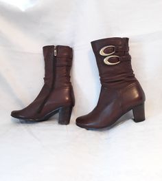 "Vintage chestnut brown Leather women`s ankle boots with sides zippers and sides buckles. Inside soft black faux fleece textile lining. Size EU 37. The boots with block heels. Quality footwear. Made in Europe. brand: Henry (British company) condition: used, has signs of wear on the toes, but in great condition - look at the photos please. measurements: size EU 37 - labeled size (estimated 37.5 EU size) US 6.5 measurements: outsole length 28 cm / 10.9\" in heels height 6 cm / 2.3\" in bottom sole Womens Leather Booties, Womens Booties, Chunky Ankle Boots, Knee High Heels, Brown Leather Ankle Boots, Booties Ankle Boots, Chestnut Brown, Black Leather Shoes, Gorgeous Shoes