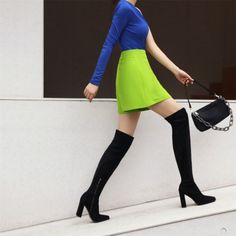 $68.00 Black Over-the-knee Heeled Boots For Spring, Trendy Block Heel Knee-high Boots For Night Out, Chic Thigh High Heeled Boots For Spring, Wide Calf Over-the-knee Platform Boots For Party, Green High Heel Knee-high Boots For Party, Wide Calf Over-the-knee Heeled Boots For Party, Green High Heel Knee-high Party Boots, Chic Green Heeled Boots For Winter, Green Fitted High Heel Knee-high Boots