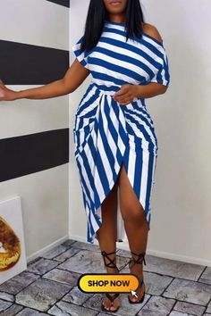 Elevate your casual chic with our Striped Off-Shoulder Dress. The asymmetrical cut and short sleeves add a contemporary flair to the classic striped pattern. Effortlessly stylish, this dress is perfect for those laid-back days when you want to make a fashion statement with ease. Summer Midi Dress With Asymmetrical Neckline For Day Out, Trendy Asymmetrical One-shoulder Dress, Casual Asymmetrical Neckline Midi Dress For Beach, Casual Midi Dress With Asymmetrical Neckline For Beach, Trendy One Shoulder Midi Dress For Summer, Trendy One-shoulder Summer Midi Dress, Fitted Off Shoulder Dress With Asymmetrical Neckline For Summer, Fitted Off-shoulder Dress With Asymmetrical Neckline For Summer, Casual One Shoulder Dress With Asymmetrical Hem For Party