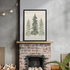 a fireplace in a living room with bread on the mantle and a painting above it