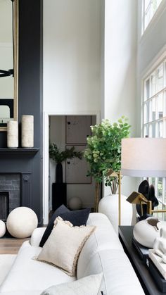 a living room filled with furniture and a fire place in front of a mirror on the wall