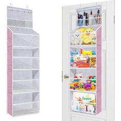 an open door to a white refrigerator next to a pink and white shelf with various items on it