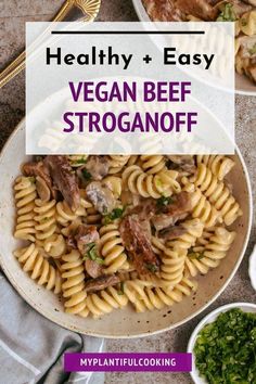 healthy and easy vegan beef stroganooffe recipe on a white plate