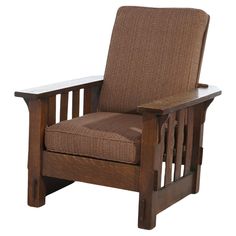 a wooden chair with a brown upholstered seat and arm rest on an isolated white background