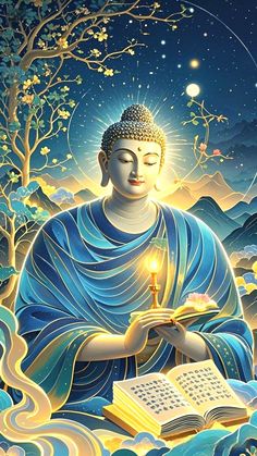 the buddha is sitting in front of an open book with a candle on it and surrounded by trees