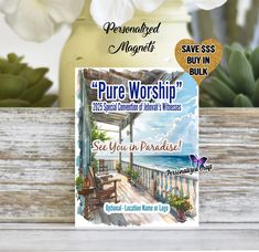 the front cover of pure worship magazine on a wooden table with flowers in the background