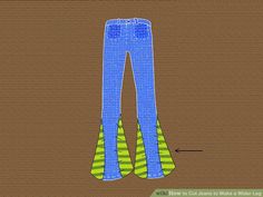 a drawing of a pair of blue jeans with green and yellow stripes on them, in front of a brown background