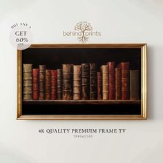 an old book shelf with books on it and the words quality premium frame tv below