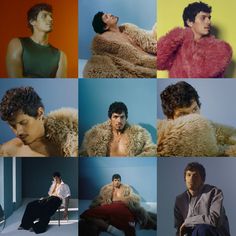 multiple pictures of men in fur coats and one man sitting on a chair with his head down