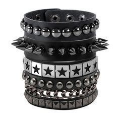 PRICES MAY VARY. Spike Bracelet Set: 4 Pcs Spike cuffs for you, this sophisticated black studded bracelet set is sure to fit. Enjoy, look cool, stylish, and be free! Size Details: Adjustable length from 7 inch to 8. 5";You can adjust the size by changing the snap button place. Handmade Leather Bracelet: All the metal spike are carefully selected, manually installed and manufactured, sturdy and durable without worrying about quality issues. Don't need to worry about the quality issues. Goth acces Spikey Bracelets, Spike Cuffs, Studded Bracelet, Scene Accessories, Spike Bracelet, Metal Spikes, Punk Accessories, Handmade Leather Bracelets, Cuff Jewelry