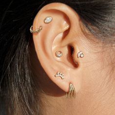 a close up of a person with ear piercings on their left and right ears