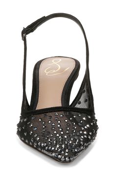 Lustrous rhinestones stand out against the mesh upper of a glamorous slingback pump framed by a pointy toe and modest heel. 2 3/4" heel Adjustable slingback strap with buckle closure Textile upper and lining/synthetic and rubber sole Imported Glamorous Low Heel Slingback Pumps For Evening, Embellished Slingback Pumps For Night Out, Formal Mesh Slingback Pumps With Pointed Toe, Mesh Heels With Heel Strap For Party, Party Heels With Heel Strap And Mesh Material, Evening Mesh Slingback Pumps With Pointed Toe, Evening Mesh Heels With Ankle Strap, Evening Mesh Heels With Heel Strap, Evening Mesh Ankle Strap Heels