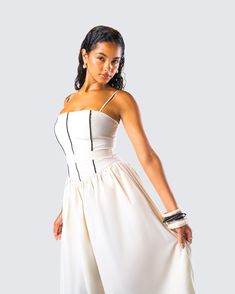 Make a lasting impression in this ivory cotton maxi dress 🤍 With black contrast piping trim and a fitted bodice, this gorgeous piece made from cotton poplin fabric is the kind of look that will effortlessly bring all of the attention straight to you 🙌 White Fitted Lined Maxi Dress, White Cotton Dress With Boned Bodice, White Cotton Maxi Dress With Fitted Bodice, Elegant Cream Cotton Midi Dress, White Lined Maxi Dress With Fitted Bodice, White Fitted Bodice Maxi Dress With Lining, White Fitted Bodice Maxi Dress Lined, Fitted White Maxi Dress With Lined Bodice, White Fitted Bodice Maxi Sundress