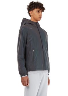 Reflective iridescent windbreaker in 4-way stretch knit back nylon with reflective Cyber Athletics print and adjustable shoulder blade ventilation using zippers with attachable Cyber Athletics jacquard lanyard straps (sold separately) with H4X branded snap hooks. Lanyard, Rain Jacket, Athletic Jacket, Zipper, Knitting