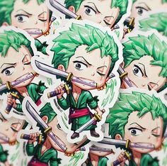 some very cute anime stickers with green hair and swords in front of each other