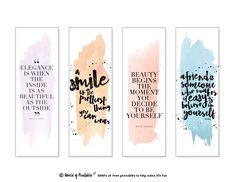 three watercolor bookmarks with the words smile, beauty is the best medicine to be yourself