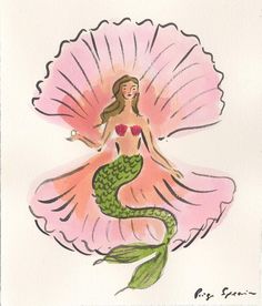 a drawing of a mermaid sitting on top of a pink flower and holding a heart