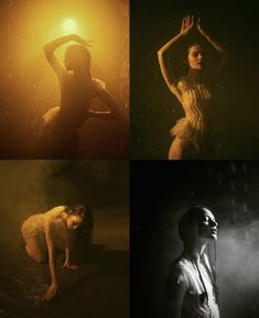 four different images of a woman in the rain