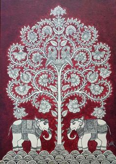 an intricately designed painting with elephants and trees