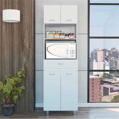 a microwave oven sitting on top of a cabinet next to a potted plant in front of a window