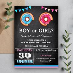 a birthday party card with donuts and bundts on the chalkboard for a boy or girl