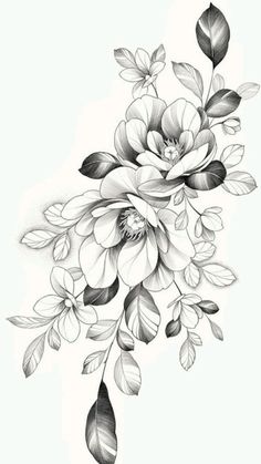 a black and white drawing of flowers with leaves