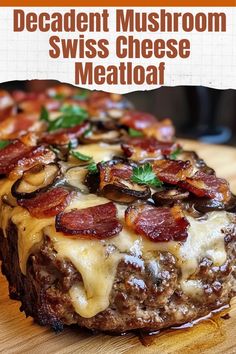 a close up of a meatloaf on a cutting board with cheese and bacon