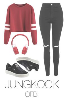 "to the fansing (bts)" by mazera-kor on Polyvore featuring Ð¼Ð¾Ð´Ð°, Beats by Dr. Dre, Puma, Topshop, bts и jungkook Jungkook Inspired Outfits, Outfit Bts, Bts Clothing, Bts Fashion, Bts Outfits, Teenage Outfits, Bts Inspired Outfits, Elegante Casual, Tween Outfits