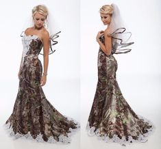 two pictures of a woman in a camo wedding dress