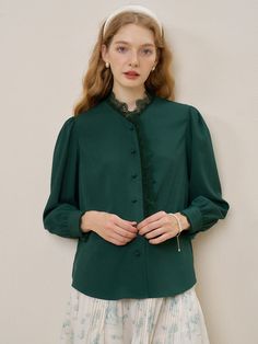 Color
Dark Green


Detail
Lace collar and placket; Two layers of openwork lace; Pearl buttons



Composition

100% Polyester



Washing Method

Hand wash in cool water, using a mild and gentle detergent. Lace Blouse With Button Closure For Work, Workwear Blouse With Lace Doll Collar, Elegant Green Top With Lace Trim, Elegant Green Tops With Lace Trim, Elegant Green Lace Trim Top, Button-up Blouse With Lace Trim For Work, Button-up Blouse With Lace Cuffs For Work, Workwear Button-up Blouse With Lace Cuffs, Workwear Blouse With Lace Cuffs And Button-up