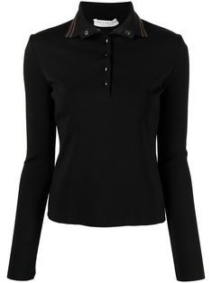 black stretch-design press-stud fastening collar polo collar high neck stripe detailing long sleeves Black Polo Shirt Women, Black Polo Shirt, School Clothes, Sweater Oversize, Lorenzo Serafini, Black Polo, Long Sleeve Polo Shirt, Polo Shirt Women, Long Sleeve Polo