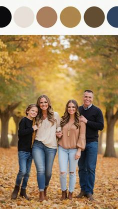 a family posing for a photo in the fall leaves with their arms around each other