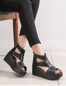 Features: Item Type: Wedge Ankle Sandals Gender: Female Main Material: Cowhide Process: Handmade Heel Type: Wedge  Heel Height: High (7 cm) Season: Summer Closure Type: Back zipper Color: Black, Gray, Green Size:35-40