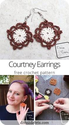 the crochet pattern for earrings is shown in three different pictures