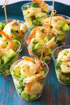 shrimp and broccoli salad cups with toothpicks