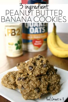 three ingredient peanut butter banana cookies on a white plate with bananas and yogurt in the background